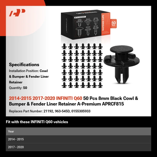 2014-2015 2017-2020 INFINITI Q60 50 Pcs 8mm Black Cowl & Bumper & Fender Liner Retainer A-Premium APRCF815