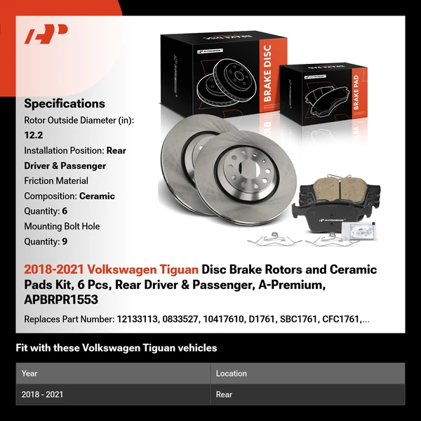 2018-2021 Volkswagen Tiguan Disc Brake Rotors and Ceramic Pads Kit, 6 Pcs, Rear Driver & Passenger, A-Premium, APBRPR1553