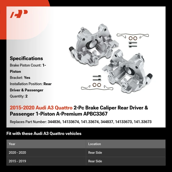 2015-2020 Audi A3 Quattro 2-Pc Brake Caliper Rear Driver & Passenger 1-Piston A-Premium APBC3367