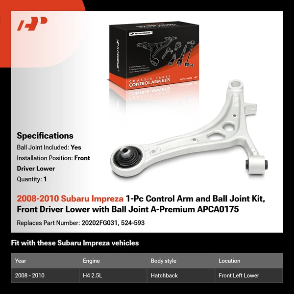 2008-2010 Subaru Impreza 1-Pc Control Arm and Ball Joint Kit, Front Driver Lower with Ball Joint A-Premium APCA0175