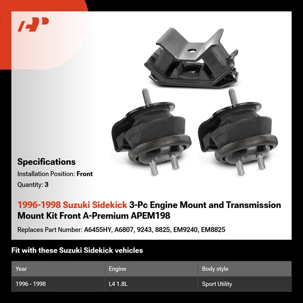1996-1998 Suzuki Sidekick 3-Pc Engine Mount and Transmission Mount Kit Front A-Premium APEM198