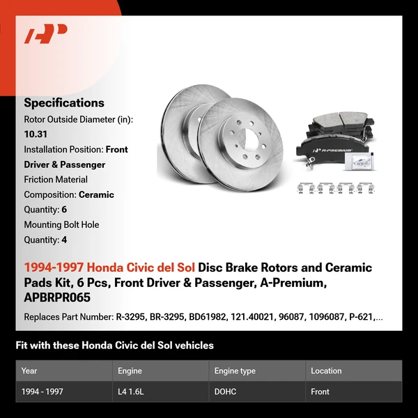 1994-1997 Honda Civic del Sol Disc Brake Rotors and Ceramic Pads Kit, 6 Pcs, Front Driver & Passenger, A-Premium, APBRPR065