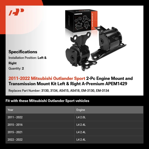2011-2022 Mitsubishi Outlander Sport 2-Pc Engine Mount and Transmission Mount Kit Left & Right A-Premium APEM1429