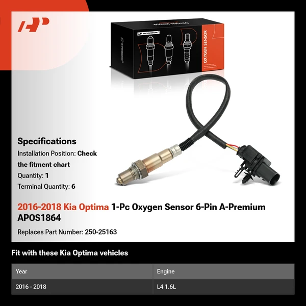 2016-2018 Kia Optima 1-Pc Oxygen Sensor 6-Pin A-Premium APOS1864
