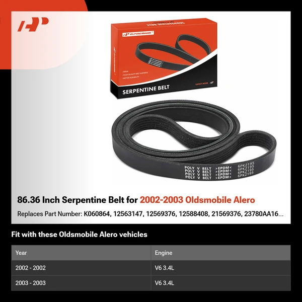 86.36 Inch Serpentine Belt for 2002-2003 Oldsmobile Alero