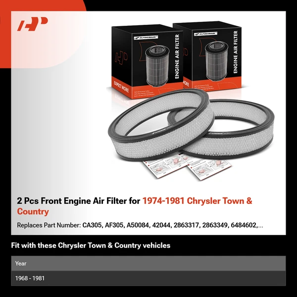 2 Pcs Front Engine Air Filter for 1974-1981 Chrysler Town & Country