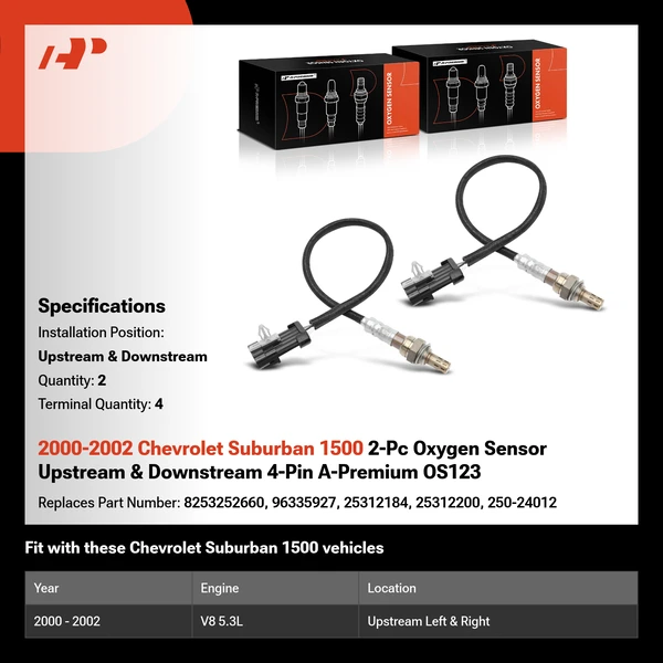 2000-2002 Chevrolet Suburban 1500 2-Pc Oxygen Sensor Upstream & Downstream 4-Pin A-Premium OS123