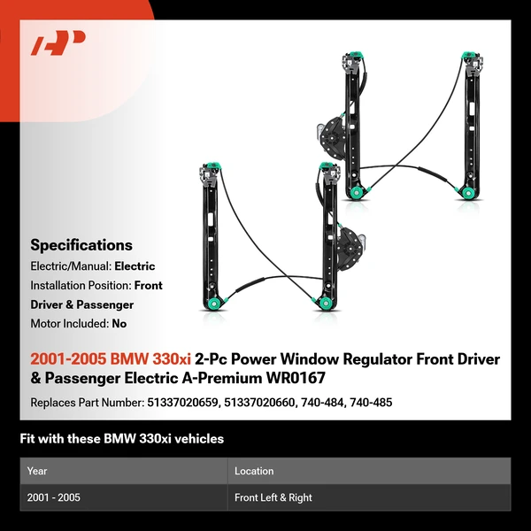 2001-2005 BMW 330xi 2-Pc Power Window Regulator Front Driver & Passenger Electric A-Premium WR0167