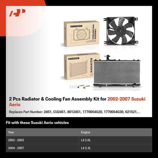 2 Pcs Radiator & Cooling Fan Assembly Kit for 2002-2007 Suzuki Aerio