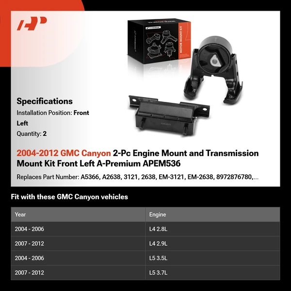 2004-2012 GMC Canyon 2-Pc Engine Mount and Transmission Mount Kit Front Left A-Premium APEM536