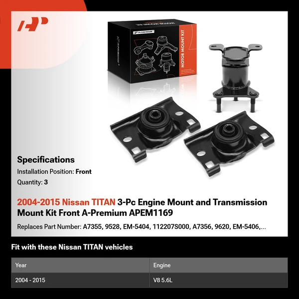 2004-2015 Nissan TITAN 3-Pc Engine Mount and Transmission Mount Kit Front A-Premium APEM1169