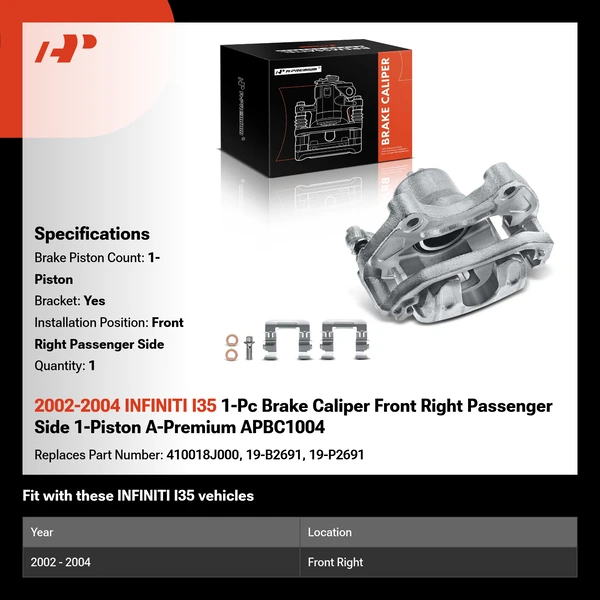 2002-2004 INFINITI I35 1-Pc Brake Caliper Front Right Passenger Side 1-Piston A-Premium APBC1004