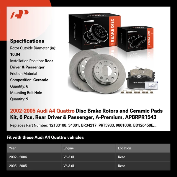 2002-2005 Audi A4 Quattro Disc Brake Rotors and Ceramic Pads Kit, 6 Pcs, Rear Driver & Passenger, A-Premium, APBRPR1543