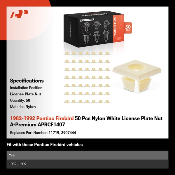 1982-1992 Pontiac Firebird 50 Pcs Nylon White License Plate Nut A-Premium APRCF1407