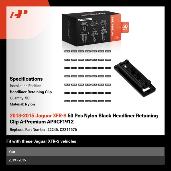 2013-2015 Jaguar XFR-S 50 Pcs Nylon Black Headliner Retaining Clip A-Premium APRCF1912