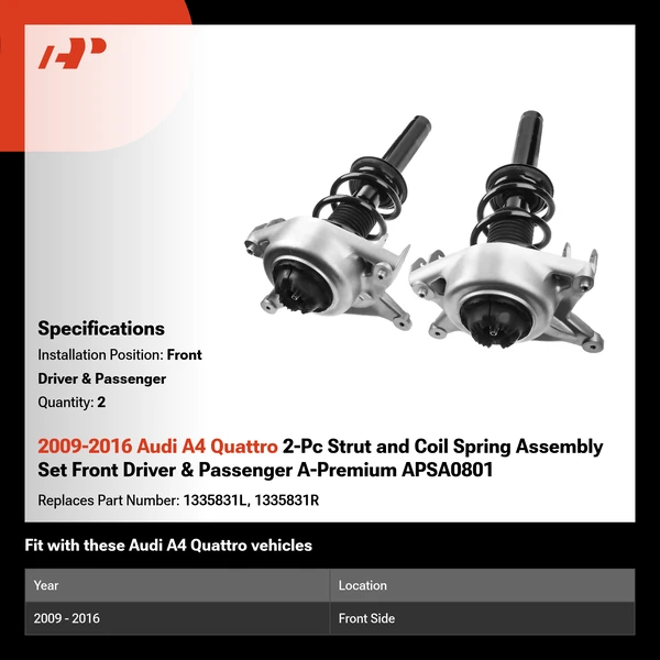 2009-2016 Audi A4 Quattro 2-Pc Strut and Coil Spring Assembly Set Front Driver & Passenger A-Premium APSA0801