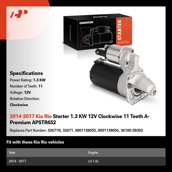 2014-2017 Kia Rio Starter 1.3 KW 12V Clockwise 11 Teeth A-Premium APSTR652