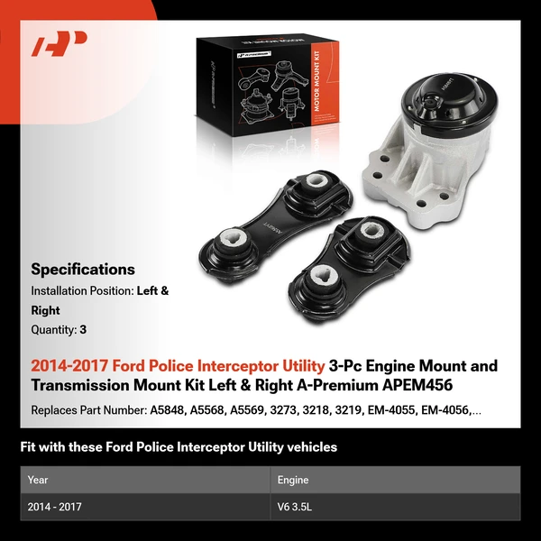 2014-2017 Ford Police Interceptor Utility 3-Pc Engine Mount and Transmission Mount Kit Left & Right A-Premium APEM456