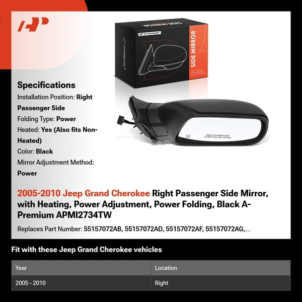 2005-2010 Jeep Grand Cherokee Right Passenger Side Mirror, with Heating, Power Adjustment, Power Folding, Black A-Premium APMI2734TW