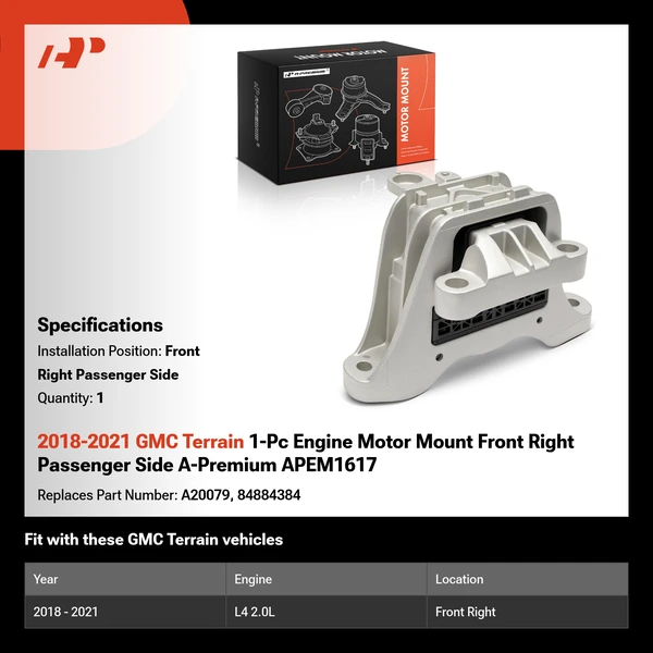 2018-2021 GMC Terrain 1-Pc Engine Motor Mount Front Right Passenger Side A-Premium APEM1617