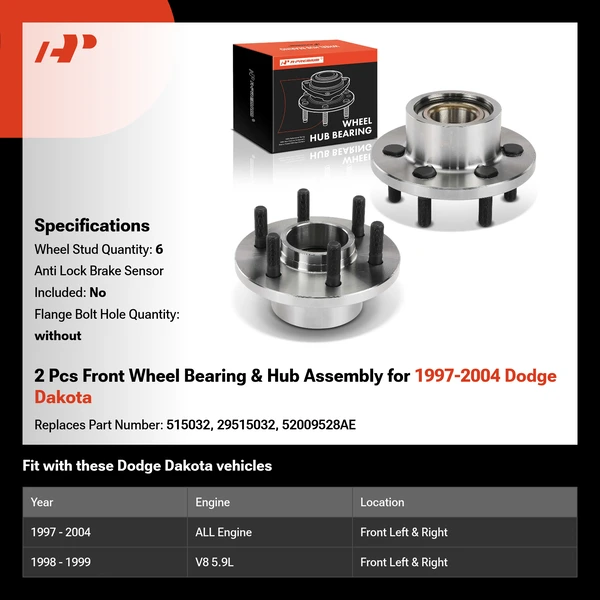 2 Pcs Front Wheel Bearing & Hub Assembly for 1997-2004 Dodge Dakota
