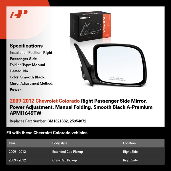 2009-2012 Chevrolet Colorado Right Passenger Side Mirror, Power Adjustment, Manual Folding, Smooth Black A-Premium APMI1649TW
