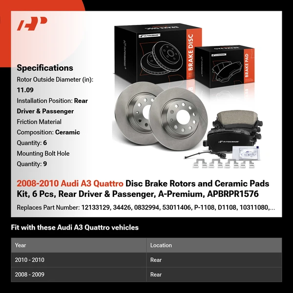 2008-2010 Audi A3 Quattro Disc Brake Rotors and Ceramic Pads Kit, 6 Pcs, Rear Driver & Passenger, A-Premium, APBRPR1576