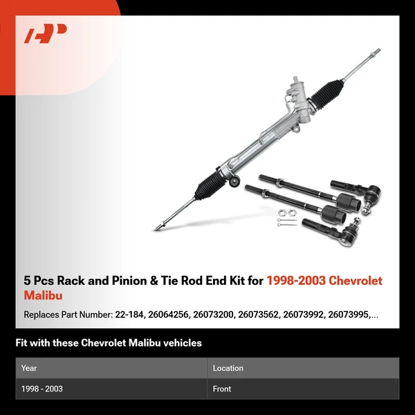 5 Pcs Rack and Pinion & Tie Rod End Kit for 1998-2003 Chevrolet Malibu
