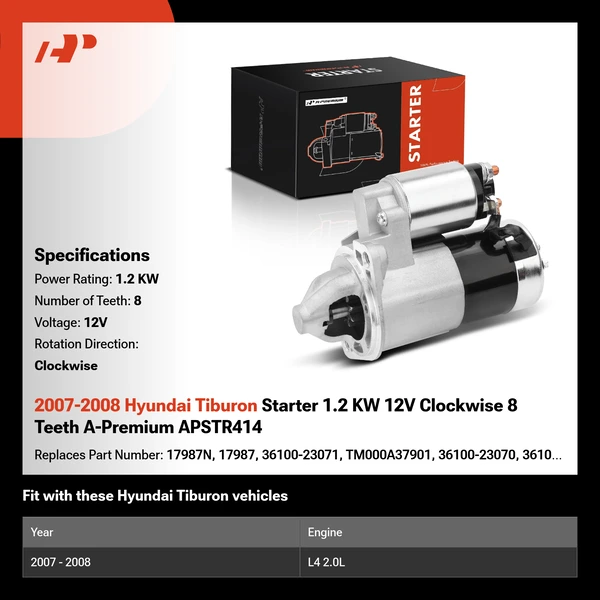 2007-2008 Hyundai Tiburon Starter 1.2 KW 12V Clockwise 8 Teeth A-Premium APSTR414