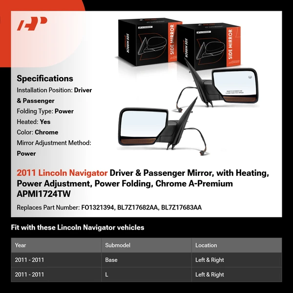 2011 Lincoln Navigator Driver & Passenger Mirror, with Heating, Power Adjustment, Power Folding, Chrome A-Premium APMI1724TW
