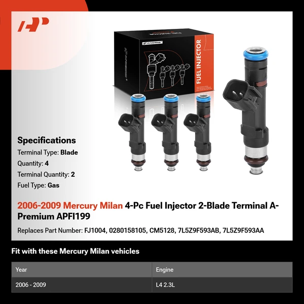 2006-2009 Mercury Milan 4-Pc Fuel Injector 2-Blade Terminal A-Premium APFI199