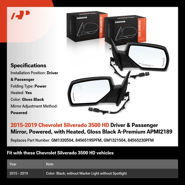 2015-2019 Chevrolet Silverado 3500 HD Driver & Passenger Mirror, Powered, with Heated, Gloss Black A-Premium APMI2189