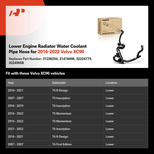 Lower Engine Radiator Water Coolant Pipe Hose for 2016-2022 Volvo XC90