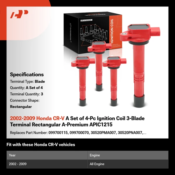2002-2009 Honda CR-V A Set of 4-Pc Ignition Coil 3-Blade Terminal Rectangular A-Premium APIC1215