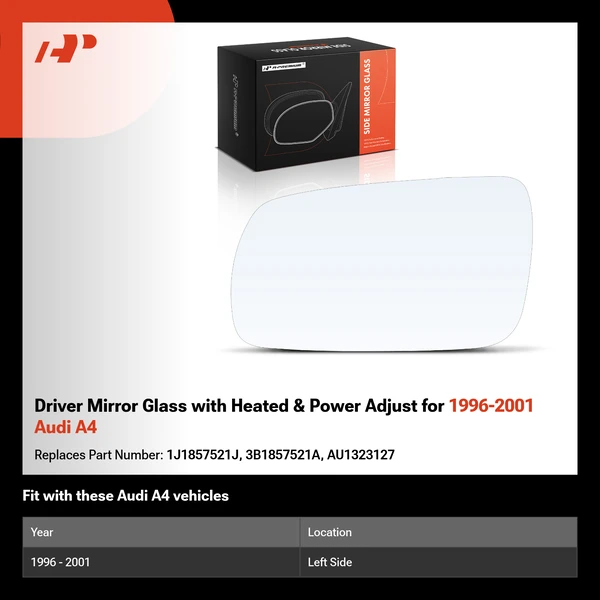 Driver Mirror Glass with Heated & Power Adjust for 1996-2001 Audi A4
