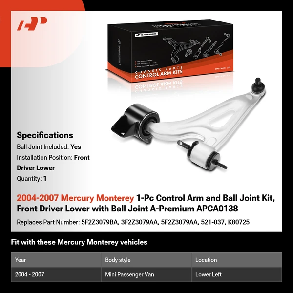 2004-2007 Mercury Monterey 1-Pc Control Arm and Ball Joint Kit, Front Driver Lower with Ball Joint A-Premium APCA0138