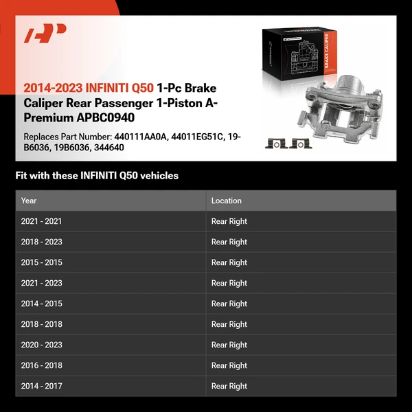 2014-2023 INFINITI Q50 1-Pc Brake Caliper Rear Passenger 1-Piston A-Premium APBC0940