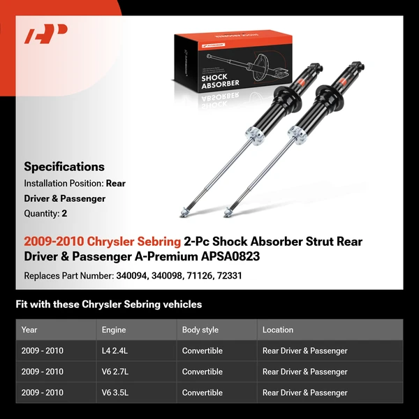 2009-2010 Chrysler Sebring 2-Pc Shock Absorber Strut Rear Driver & Passenger A-Premium APSA0823