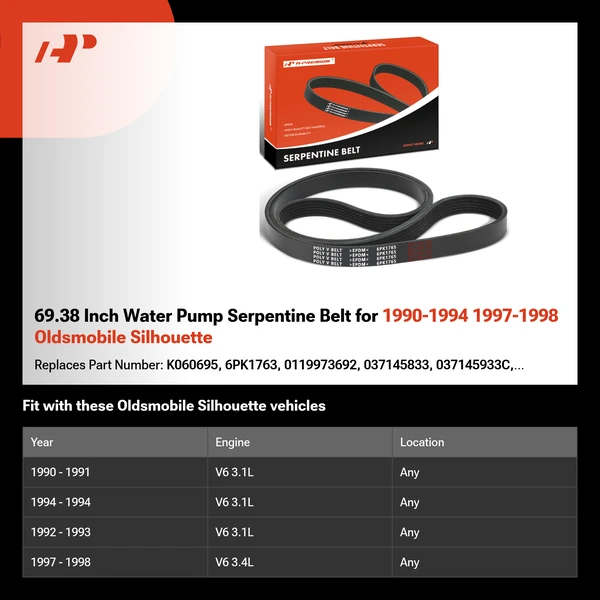 69.38 Inch Water Pump Serpentine Belt for 1990-1994 1997-1998 Oldsmobile Silhouette