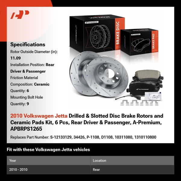 2010 Volkswagen Jetta Drilled & Slotted Disc Brake Rotors and Ceramic Pads Kit, 6 Pcs, Rear Driver & Passenger, A-Premium, APBRPS1265