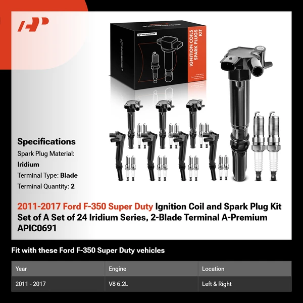 2011-2017 Ford F-350 Super Duty Ignition Coil and Spark Plug Kit Set of A Set of 24 Iridium Series, 2-Blade Terminal A-Premium APIC0691