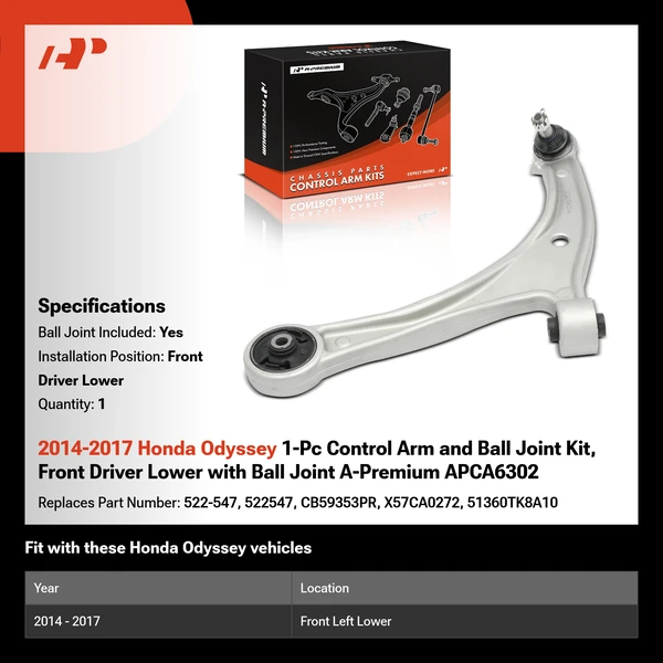 2014-2017 Honda Odyssey 1-Pc Control Arm and Ball Joint Kit, Front Driver Lower with Ball Joint A-Premium APCA6302