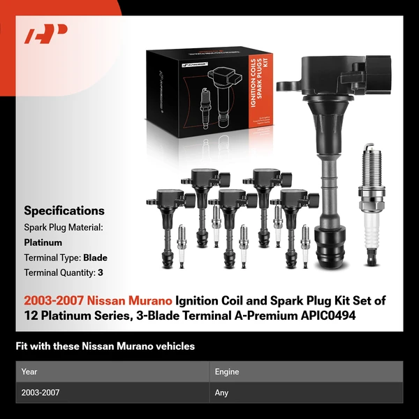 2003-2007 Nissan Murano Ignition Coil and Spark Plug Kit Set of 12 Platinum Series, 3-Blade Terminal A-Premium APIC0494