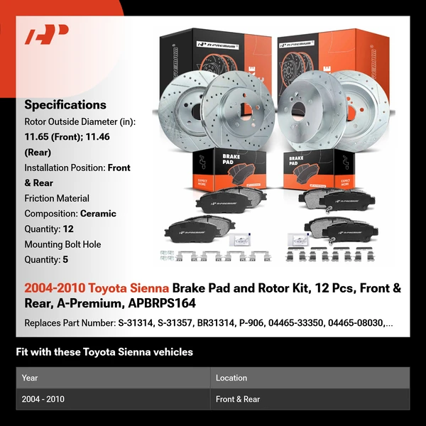 2004-2010 Toyota Sienna Brake Pad and Rotor Kit, 12 Pcs, Front & Rear, A-Premium, APBRPS164