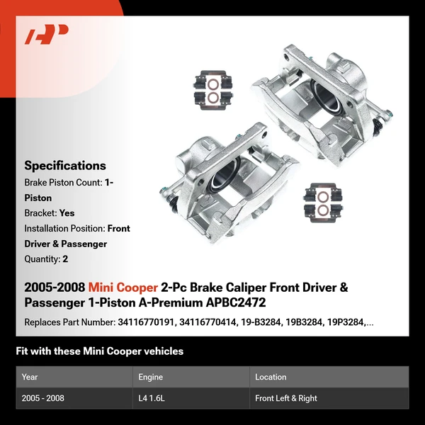 2005-2008 Mini Cooper 2-Pc Brake Caliper Front Driver & Passenger 1-Piston A-Premium APBC2472