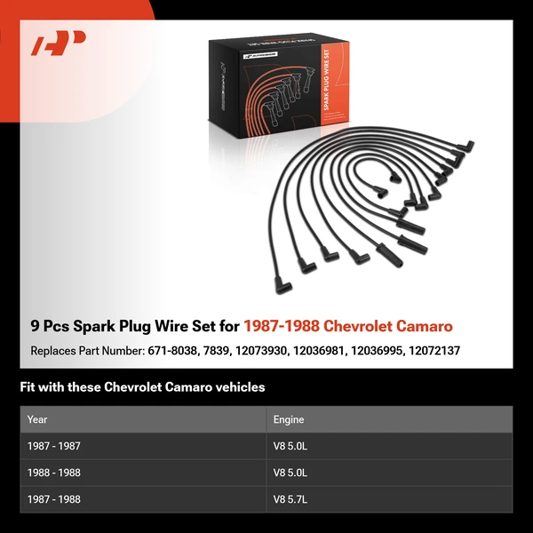 9 Pcs Spark Plug Wire Set for 1987-1988 Chevrolet Camaro