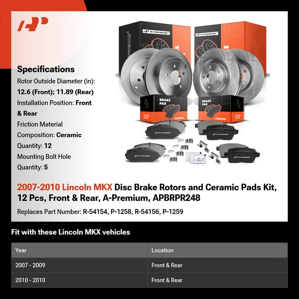 2007-2010 Lincoln MKX Disc Brake Rotors and Ceramic Pads Kit, 12 Pcs, Front & Rear, A-Premium, APBRPR248
