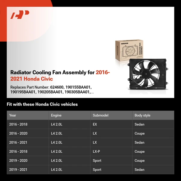 Radiator Cooling Fan Assembly for 2016-2021 Honda Civic
