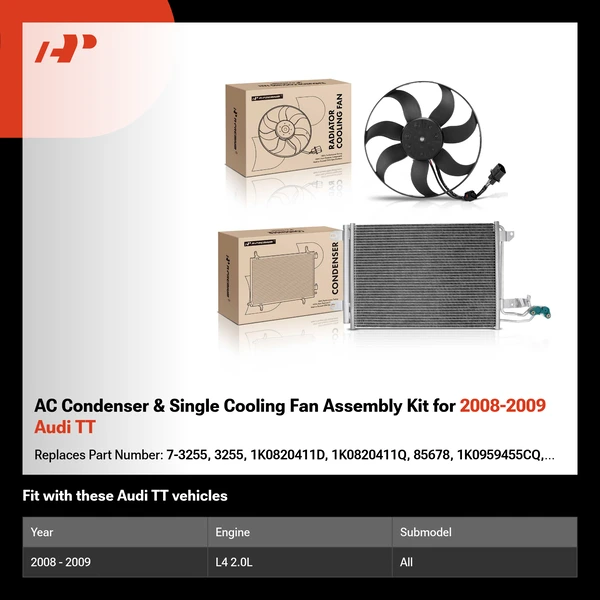 AC Condenser & Single Cooling Fan Assembly Kit for 2008-2009 Audi TT