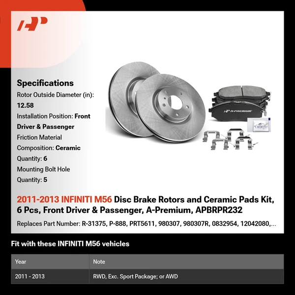 2011-2013 INFINITI M56 Disc Brake Rotors and Ceramic Pads Kit, 6 Pcs, Front Driver & Passenger, A-Premium, APBRPR232